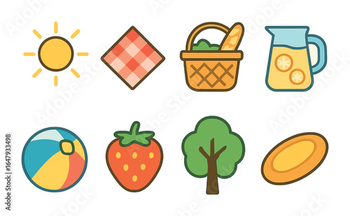 Sunny Picnic Icons. Flat vector mini-illustrations picnic on a sunny day in colors children's illustrations:
