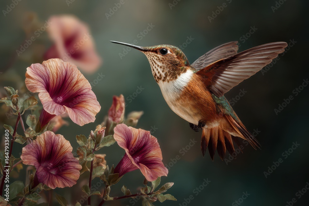 Fototapeta premium Hummingbird hovering near vibrant flowers in a lush garden during the golden hour, capturing nature's beauty and elegance