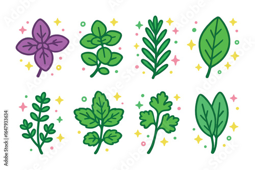 Magical Kitchen Herbs. Flat vector mini-illustrations kitchen herbs with magic vibes in colors children's