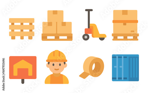 Warehouse Tools for Kids. Flat vector mini-illustrations pallet stacking in colors children's illustrations:
