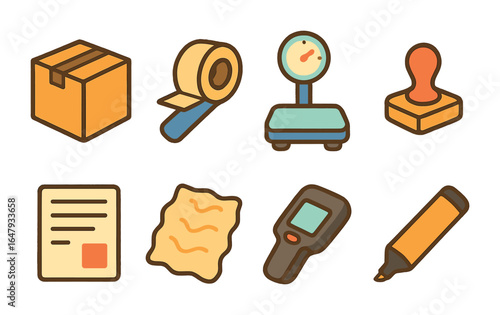 Kid's Shipping Icons. Flat vector mini-illustrations shipping preparation in colors children's illustrations: