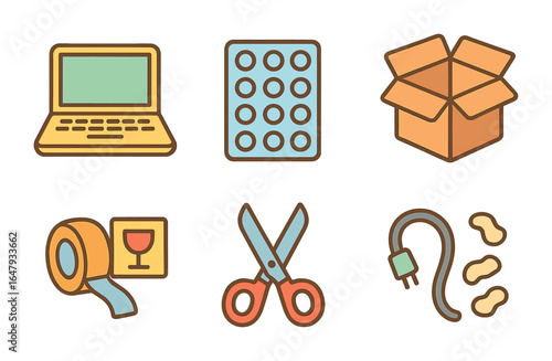 Fragile Electronics Packing. Flat vector mini-illustrations packing fragile electronics in colors children's
