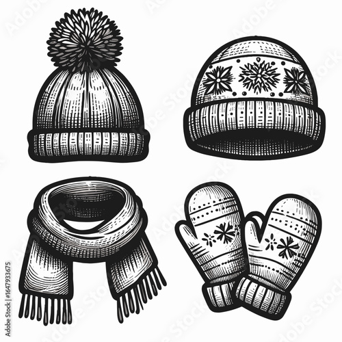 Monochrome vector illustration of winter hat, scarf, and mittens on a white background