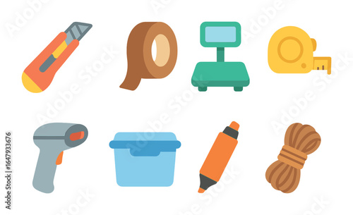 Colorful Warehouse Tools. Flat vector mini-illustrations warehouse tools in colors children's illustrations: