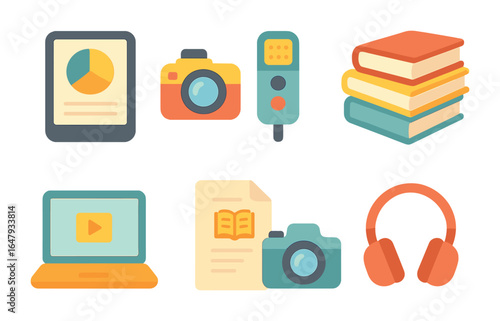 Children's Tech Storytelling. Flat vector mini-illustrations digital storytelling in colors children's