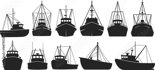 Silhouettes of various fishing boats, trawlers, and vessels in different designs, black vector icons, perfect for nautical, maritime, transportation, and fishing industry projects