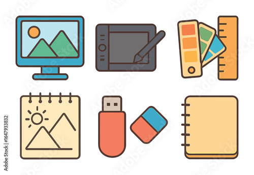 Creative Workspace Icons. Flat vector mini-illustrations graphic design workspace in colors children's