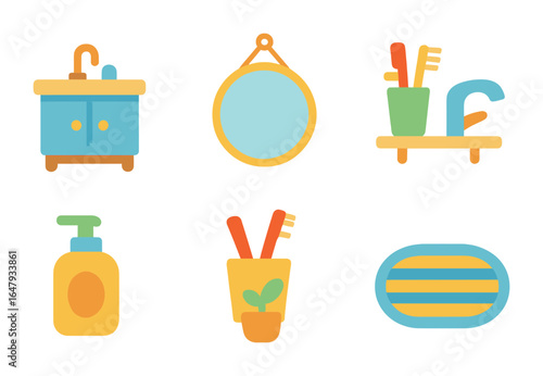 Children's Bathroom Icons. Flat vector mini-illustrations small bathroom vanities in colors children's