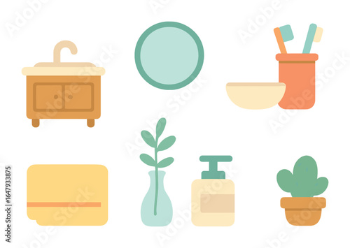 Kids Vanity Icons. Flat vector mini-illustrations minimalist vanity setups in colors children's illustrations:
