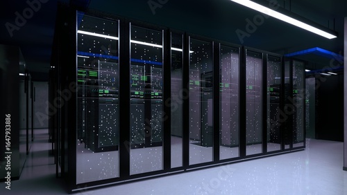 interior of a modern, high-tech data center or server room.