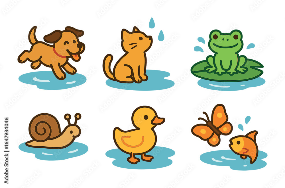 Obraz premium Animal Puddle Playtime. Flat vector mini-illustrations animals in puddles in colors children's illustrations: