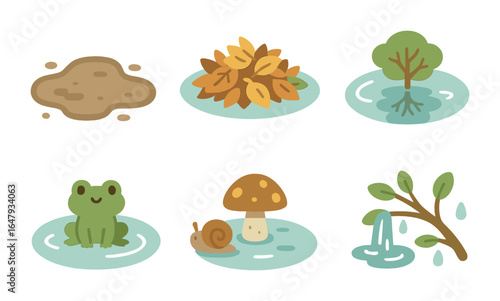 Rainy Forest Icons. Flat vector mini-illustrations rainy forest puddles in colors children's illustrations: