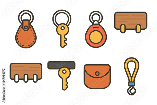 Colorful Keychain Collection. Flat vector mini-illustrations keychains and holders in colors children's