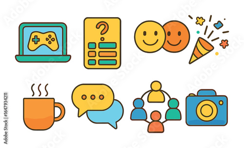 Virtual Team Fun. Flat vector mini-illustrations virtual team building in colors children's illustrations: