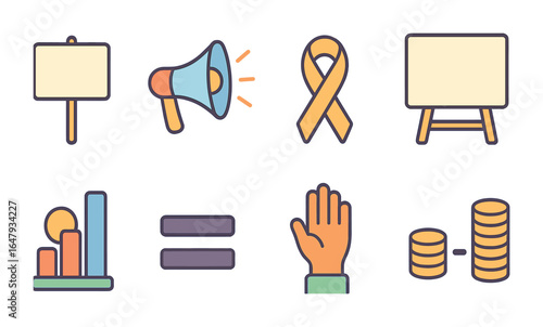 Wage Gap Icons Grid. Flat vector mini-illustrations wage gap awareness in colors children's illustrations: