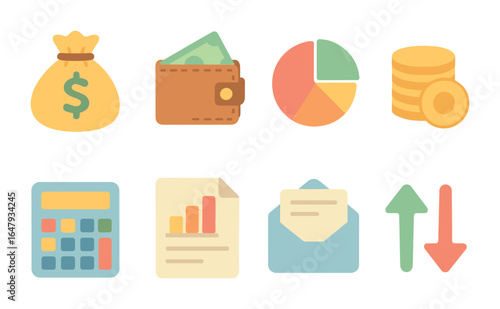 Colorful Income Symbols. Flat vector mini-illustrations income distribution in colors children's illustrations