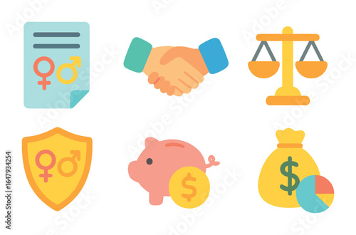 Equal Pay Icons. Flat vector mini-illustrations equal pay policy in colors children's illustrations: document