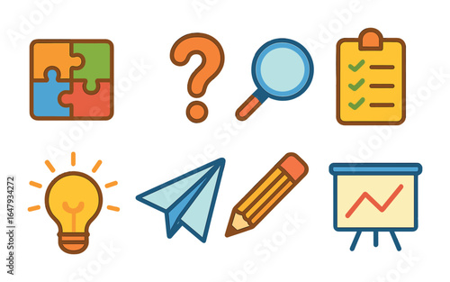 Colorful Problem Solving Icons. Flat vector mini-illustrations problem solving in colors children's