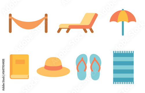 Poolside Relaxation Icons. Flat vector mini-illustrations poolside relaxation in colors children's