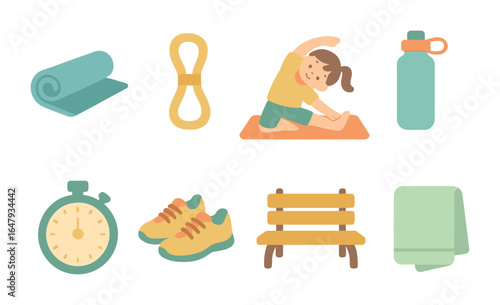 Outdoor Kids Stretching Icons. Flat vector mini-illustrations outdoor stretching in colors children's