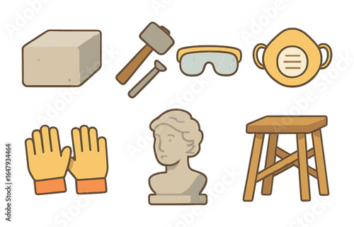 Stone Carving Tools. Flat vector mini-illustrations stone carving in colors children's illustrations: stone