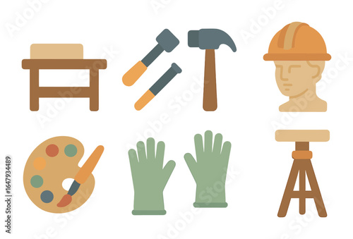 Sculpture Studio Icons. Flat vector mini-illustrations modern sculpture studio in colors children's