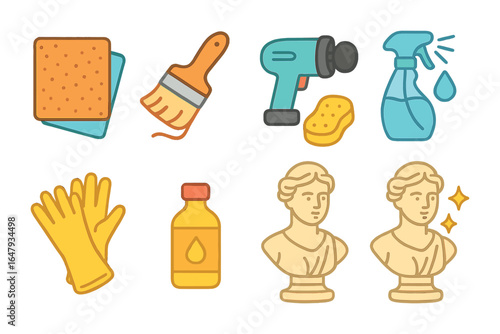 Statue Crafting Tools. Flat vector mini-illustrations statue finishing in colors children's illustrations: