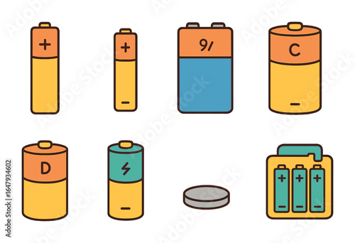 Colorful Battery Icons. Flat vector mini-illustrations battery types in colors children's illustrations: AA