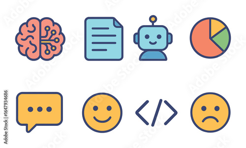 NLP Sentiment Icons. Flat vector mini-illustrations NLP sentiment tools in colors children's illustrations: AI