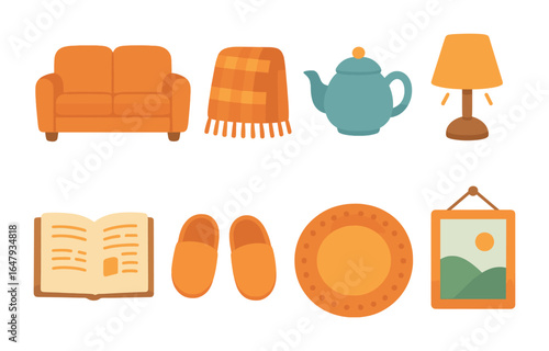 Cozy Home Icons. Flat vector mini-illustrations quiet home evening in colors children's illustrations: sofa,