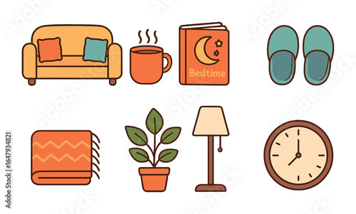 Cozy Family Evening Icons. Flat vector mini-illustrations family evening routine in colors children's