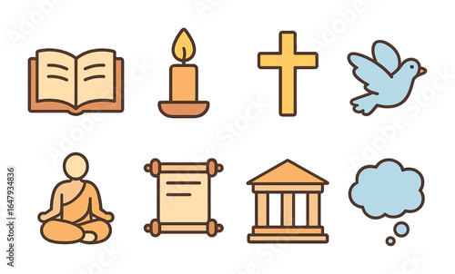 Religious Philosophy Icons. Flat vector mini-illustrations religious philosophy and its impact on thought in