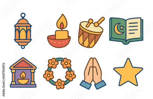 Colorful Religious Icons. Flat vector mini-illustrations religious festivals in colors children's