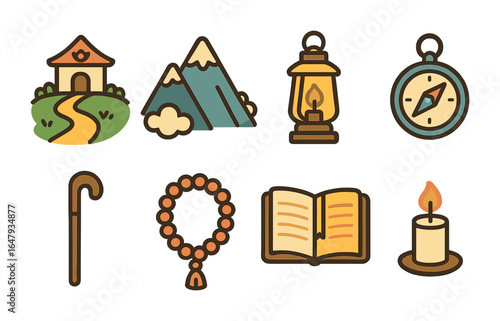 Spiritual Journey Icons. Flat vector mini-illustrations spiritual journeys in colors children's illustrations: