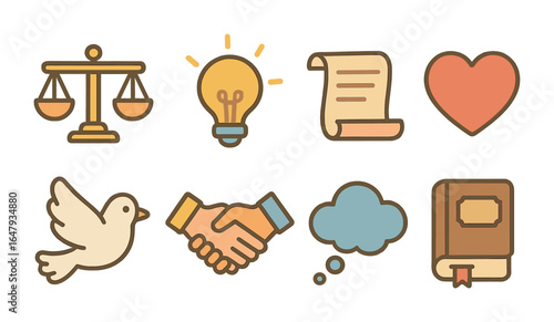 Youthful Philosophy Icons. Flat vector mini-illustrations moral philosophy in colors children's illustrations:
