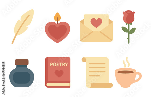 Romantic Poetry Icons. Flat vector mini-illustrations romantic poetry in colors children's illustrations: