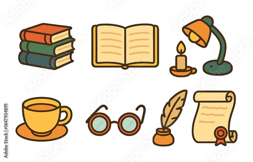 Children's Literary Icons. Flat vector mini-illustrations literary evenings in colors children's illustrations