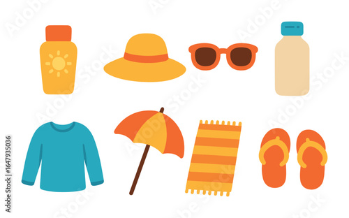 Children's Sun Safety Essentials. Flat vector mini-illustrations sun protection essentials in colors
