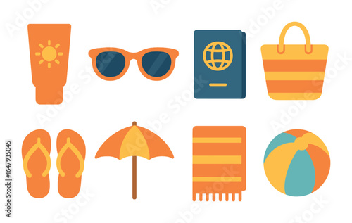 Children's Vacation Icons. Flat vector mini-illustrations vacation sun protection in colors children's