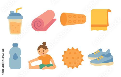 Post-Workout Recovery Icons. Flat vector mini-illustrations post-workout recovery in colors children's