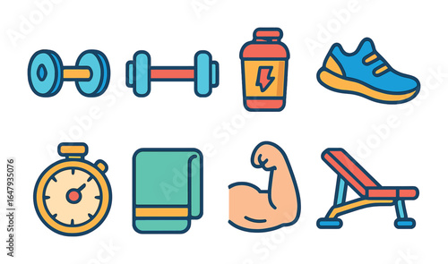 Gym Equipment Icons. Flat vector mini-illustrations bodybuilding routines in colors children's illustrations: