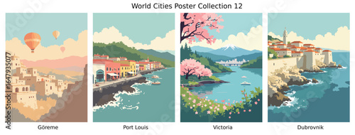 Göreme , Port Louis , Victoria , Dubrovnik  ci Flat Vector Poster Collection