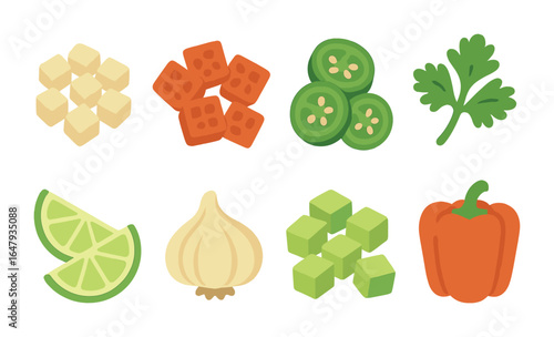 Fresh Vegetable Prep. Flat vector mini-illustrations fresh vegetable prep in colors children's illustrations:
