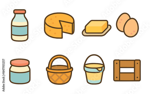 Dairy Farm Icons. Flat vector mini-illustrations dairy and farm products in colors children's illustrations: