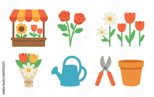 Flower Stall Icons. Flat vector mini-illustrations fresh flower stall in colors children's illustrations: