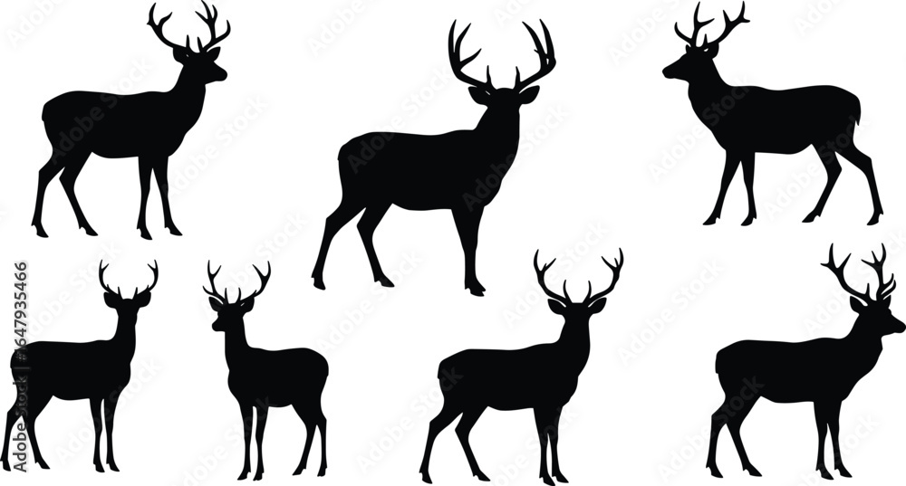 Fototapeta premium Set of deer stag silhouettes with antlers in various poses, ideal for wildlife, hunting, nature, and forest vector designs