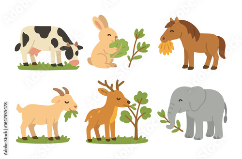 Herbivores Eating Plants. Flat vector mini-illustrations herbivores eating plants in colors children's