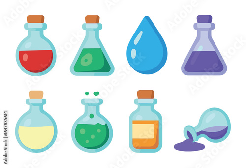 Alchemical Potion Icons. Flat vector mini-illustrations Alchemical potions and elixirs in colors children's