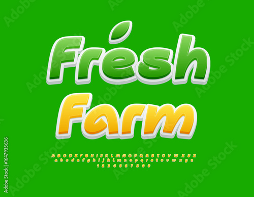 Vector Creative template Fresh Farm. Artistic Yellow Font. Decorative Alphabet Letters and Numbers set.