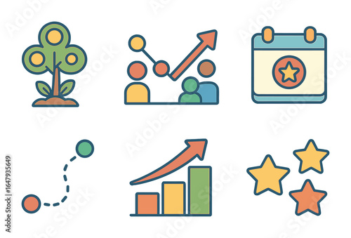 Growth Tracking Icons. Flat vector mini-illustrations Audience growth tracking in colors children's
